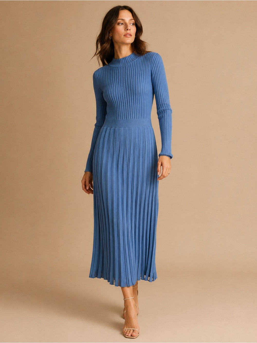 Ribbed Knit Long-Sleeve Pleated Midi Dress - Blue